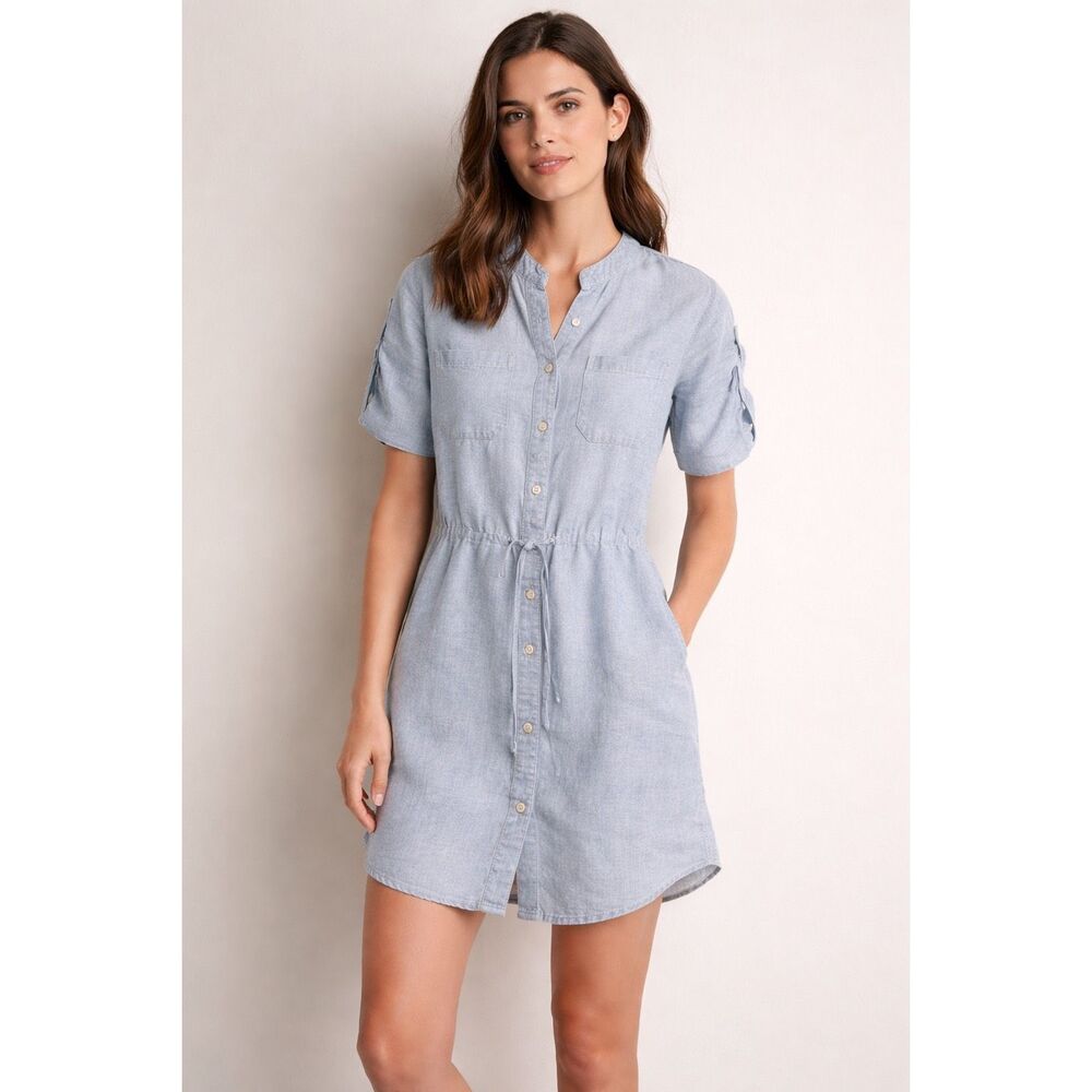 John & Jenn Linen Blend Shirt Dress Blue Button Front Womens Small